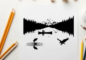 Serene silhouette landscape with eagle and mountain reflection