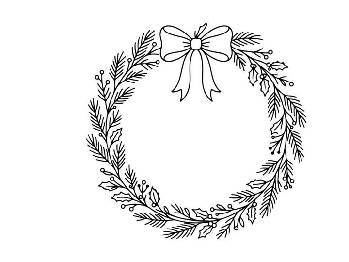 Hand-drawn Christmas wreath with pine branches and white bow for festive holiday decor
