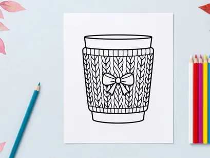 Weihnachts-Kaffeetasse mit gestricktem Überzieher und Schleifen-Linienillustration