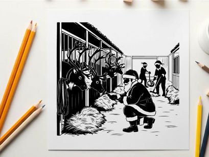 Santa claus feeding reindeer in a stable silhouette