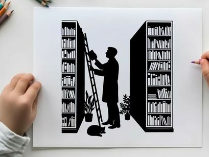 Silhouette of a man reaching for a book on a ladder between shelves