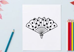 Ilustração de leque dobrável com bolinhas. Ícone de leque de mão decorativo com padrão preto e branco.
