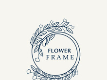 Floral frame flower round shape emblem logotype isolated on white background, leaves luxury linear logo circle style boutique