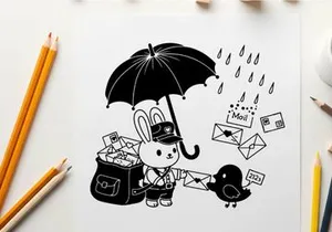 A rabbit postal worker in silhouette holds an umbrella on a rainy day