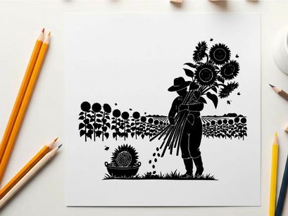 Silhouette of a farmer planting sunflowers in a field