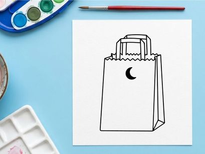 Bolsa de compras minimalista con diseño de luna creciente. Tote de papel simple para branding ecológico y promociones minoristas nocturnas.