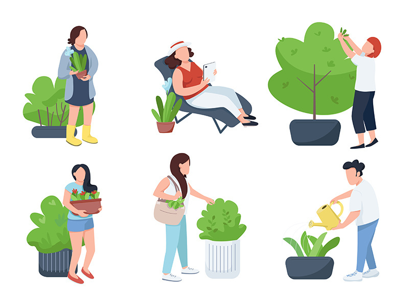 People with plants, gardeners and botanists flat color vector faceless characters set
