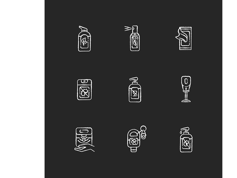 Hand sanitizers chalk white icons set on black background