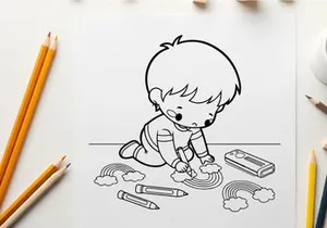 Cute baby drawing with crayons vector illustration flat design