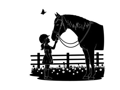 Silhouette of a little girl petting a horse