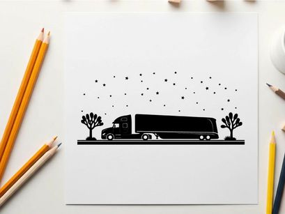 Truck silhouette driving on road with trees and falling snow