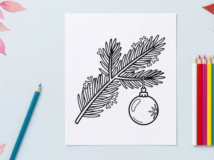 Christmas tree branch with hanging bauble ornament line art illustration