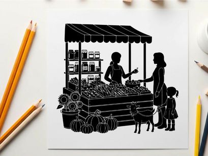Silhouette of woman and child buying produce at outdoor market stall