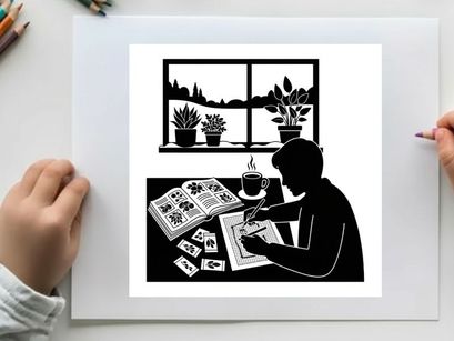 Silhouette of a person reading newspaper by the window with plants