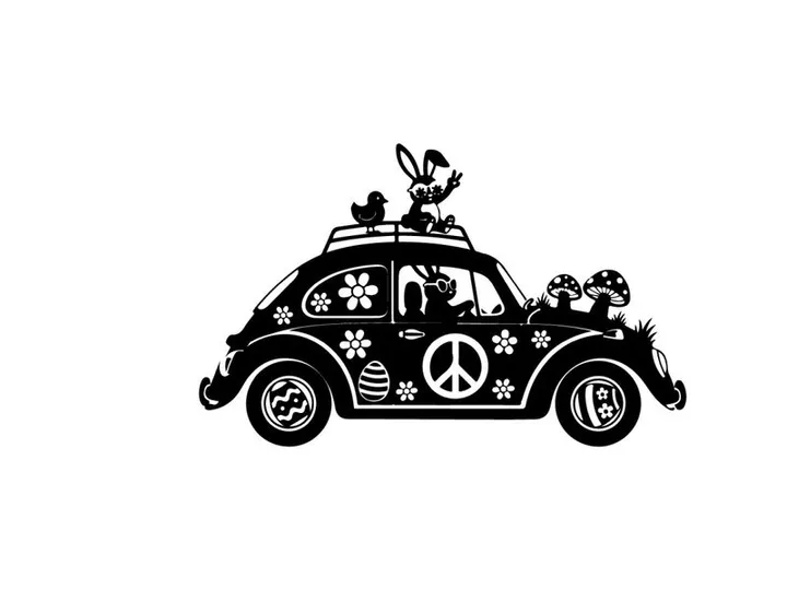 Silhouette of a decorated vw van with cartoon characters
