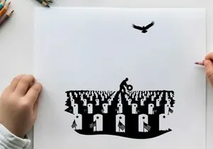 Silhouette of a person in a graveyard with a bird flying overhead silhouette