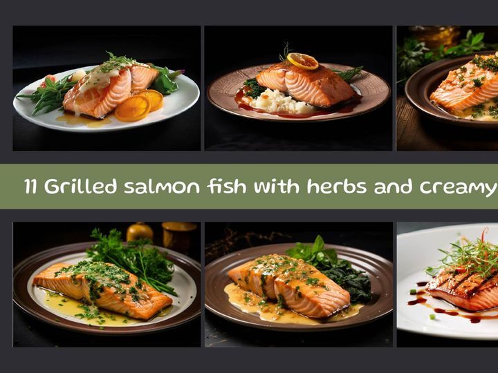 Grilled salmon fish with herbs and creamy sauce