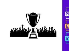 A large trophy cup with cheering crowd in the background silhouette
