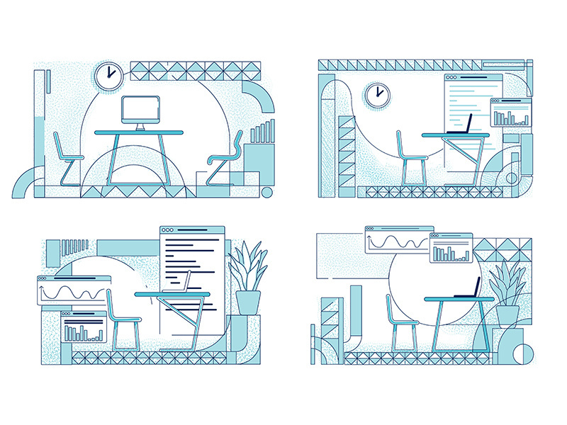 Open office interior designs outline vector illustrations set