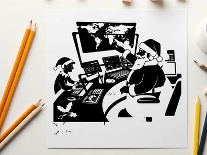 Santa and elf in cyber attack silhouette operation