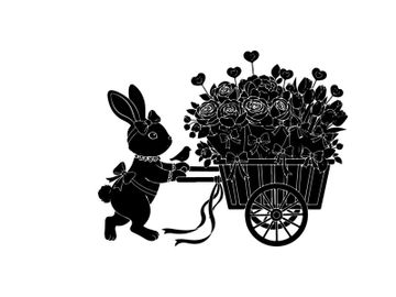 Silhouette of a bunny pushing a flower cart with heart shaped blooms preview picture