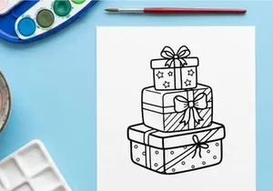 Stack of Christmas gift boxes with ribbons and bows in a black and white line art style