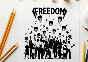 Silhouette of joyful people celebrating freedom with lanterns and music