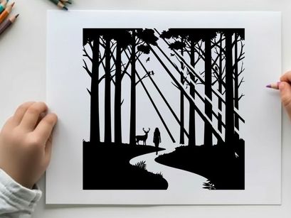 Silhouette of a person and deer in forest