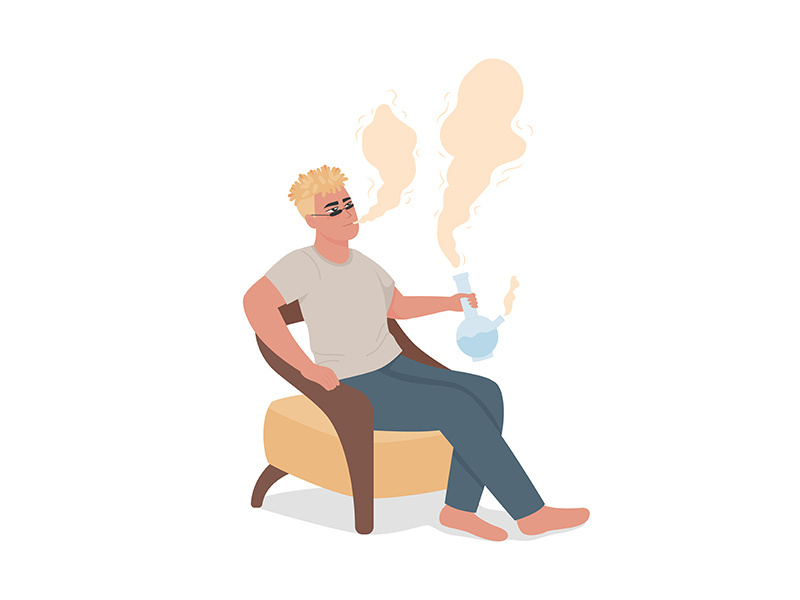 Man smoking glass pipe semi flat color vector character