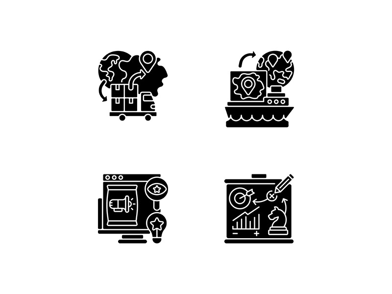 International business black glyph icons set on white space