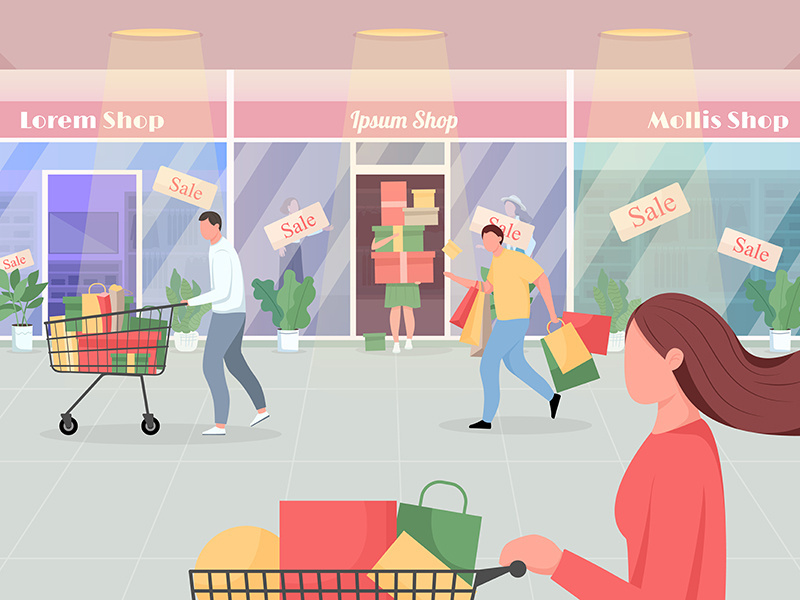 Seasonal sale in mall flat color vector illustration
