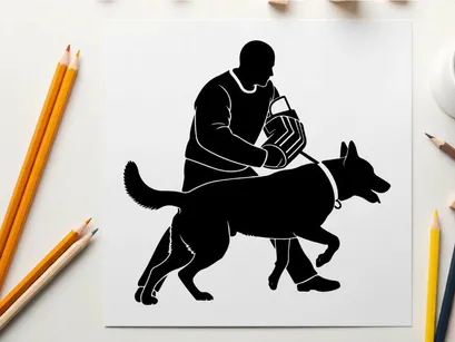 Silhouette of a man walking a dog with a bag