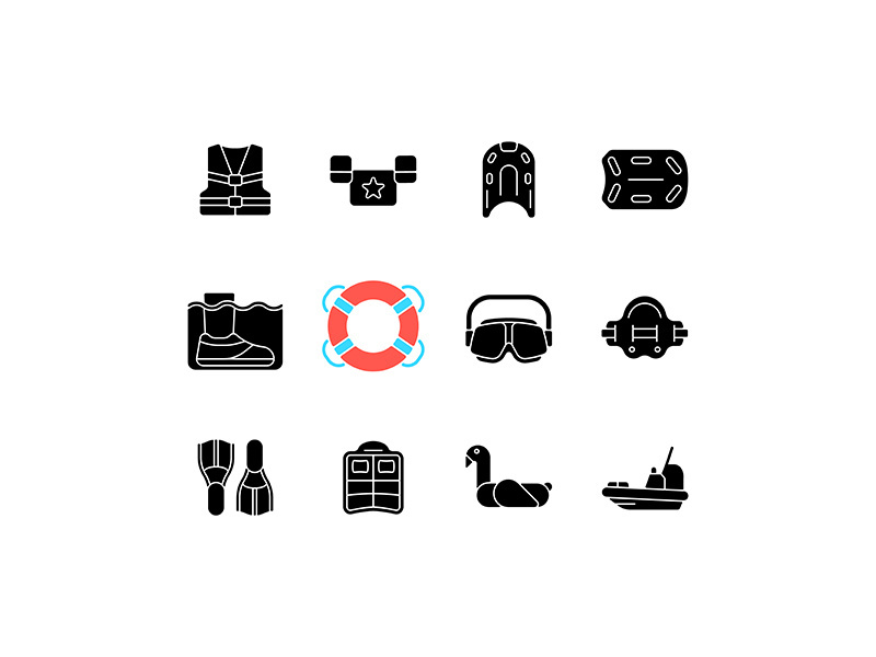 Pool floats and water safety equipment black glyph icons set on white space