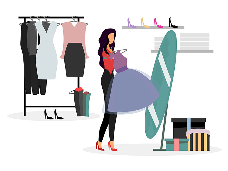 Woman in fitting room flat vector illustration