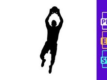 A silhouette of a person jumping to dunk a basketball with athletic motion