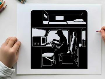 Silhouette of a man working on laptop inside a camper van preview picture