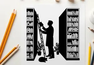 Silhouette of a man reaching for a book on a ladder between shelves