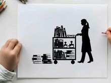 Silhouette of woman pushing a book cart with silhouette