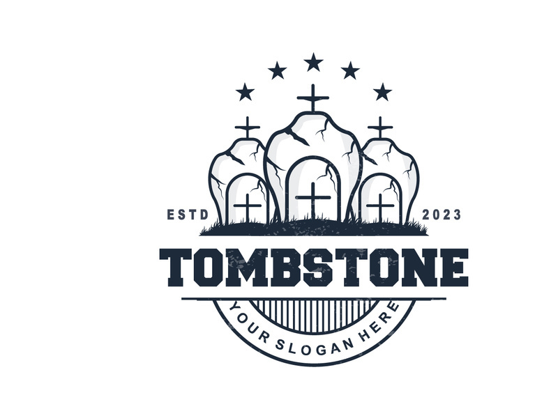 Tombstone Logo, Tomb Cemetery Cross, Vector Vintage Label, Retro Badge, Inspirational Design