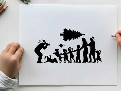 Family decorating christmas tree in silhouette