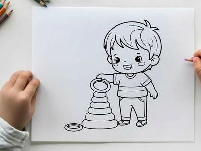 Cute child playing with stacking rings vector illustration