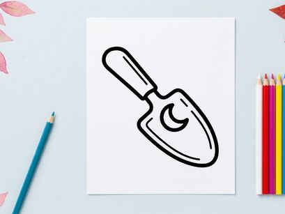 Hand-drawn Halloween shovel icon for spooky designs. Vector-style trick-or-treat candy scoop illustration for seasonal graphics.