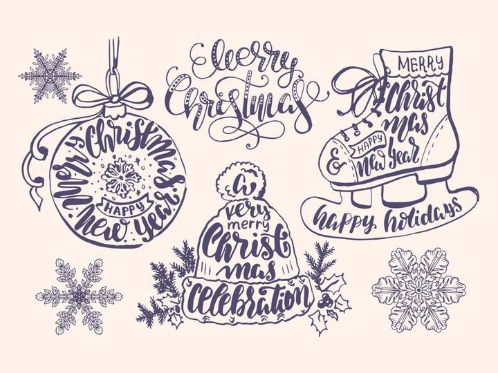 Lettering , typography inside chrismas elements and deer, ball, christmas tree, jingle, new year.