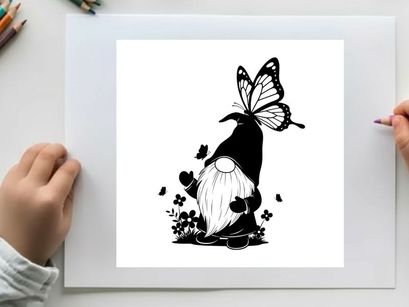 Silhouette of a gnome with a butterfly and hearts