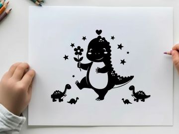 Silhouette of a smiling dinosaur holding a flower with babies preview picture