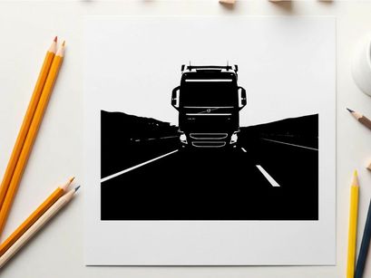Silhouette of a large truck driving on a highway