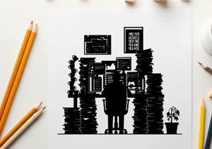 Silhouette of a person standing in front of stacked books