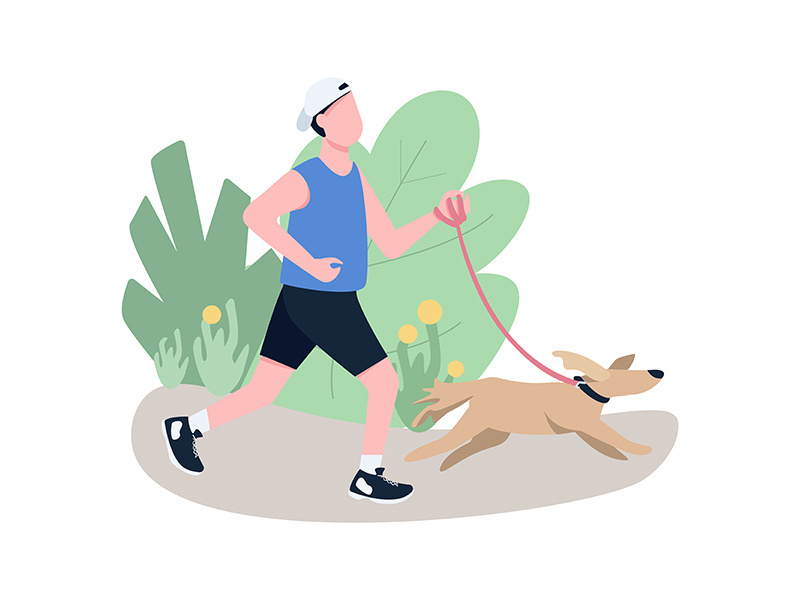 Jogger with dog flat color vector faceless character