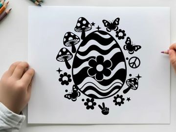 Black and white silhouette of mushrooms flowers and butterflies preview picture