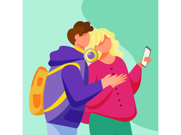 Young couple looking to smartphone screen flat vector illustration preview picture